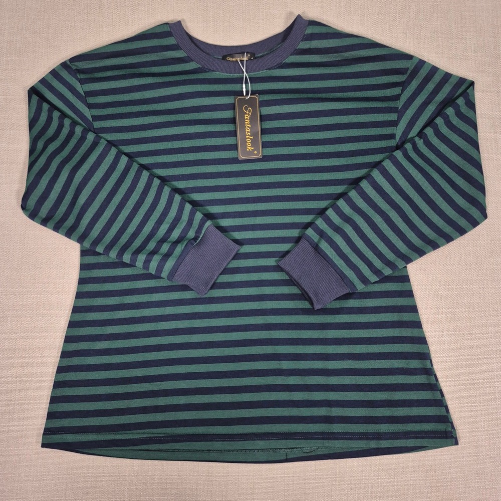 Fantaslook Womens Striped Long Sleeve Crew Neck Top Green Navy Size L NEW